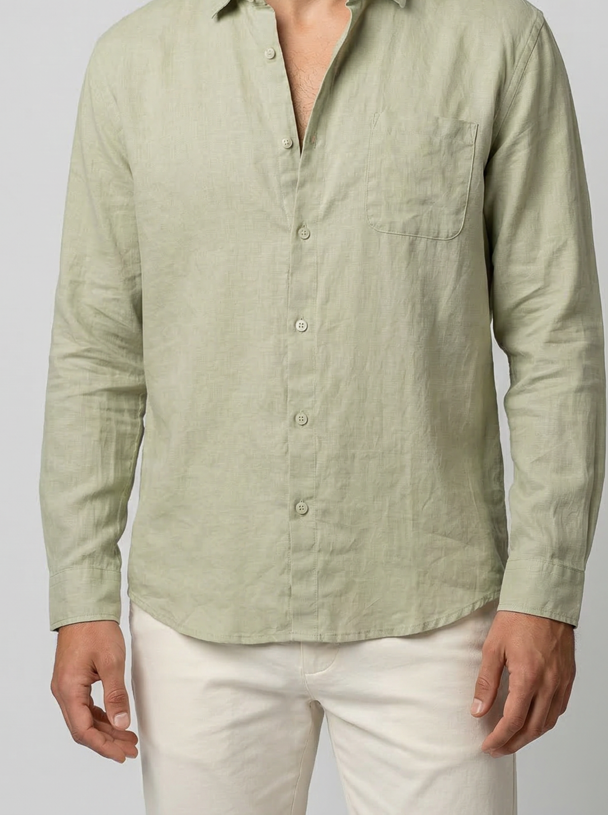 Men's Casual Linen Cotton Long Sleeve Shirt with Curved Hem