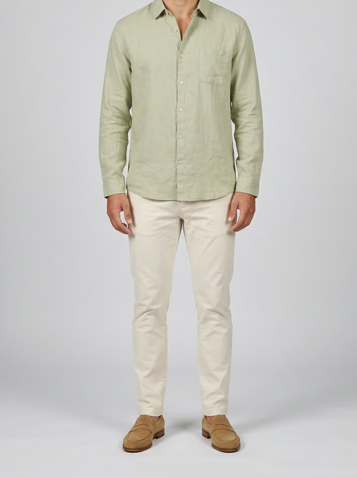Men's Casual Linen Cotton Long Sleeve Shirt with Curved Hem