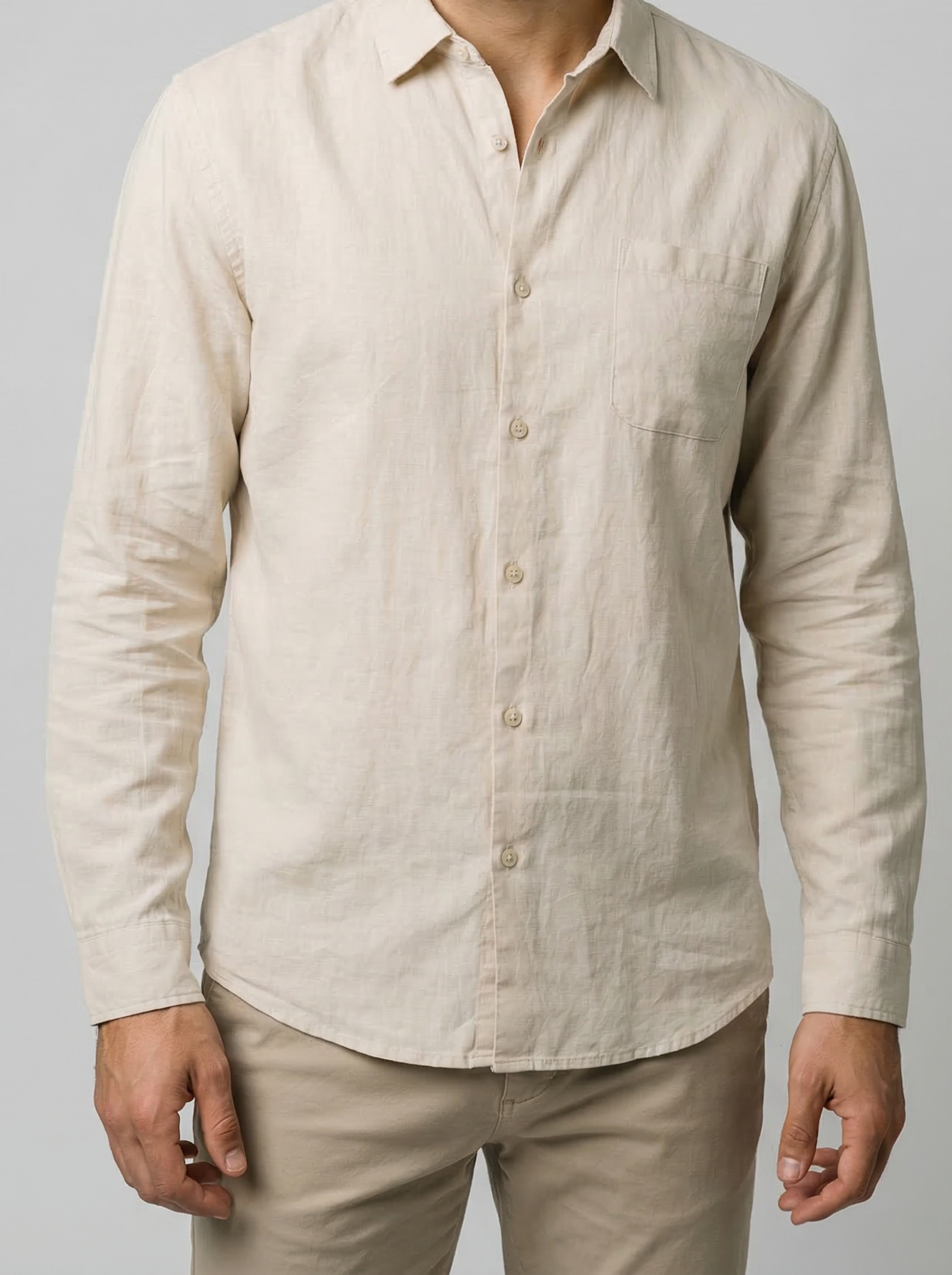 Men's Casual Linen Cotton Long Sleeve Shirt with Curved Hem
