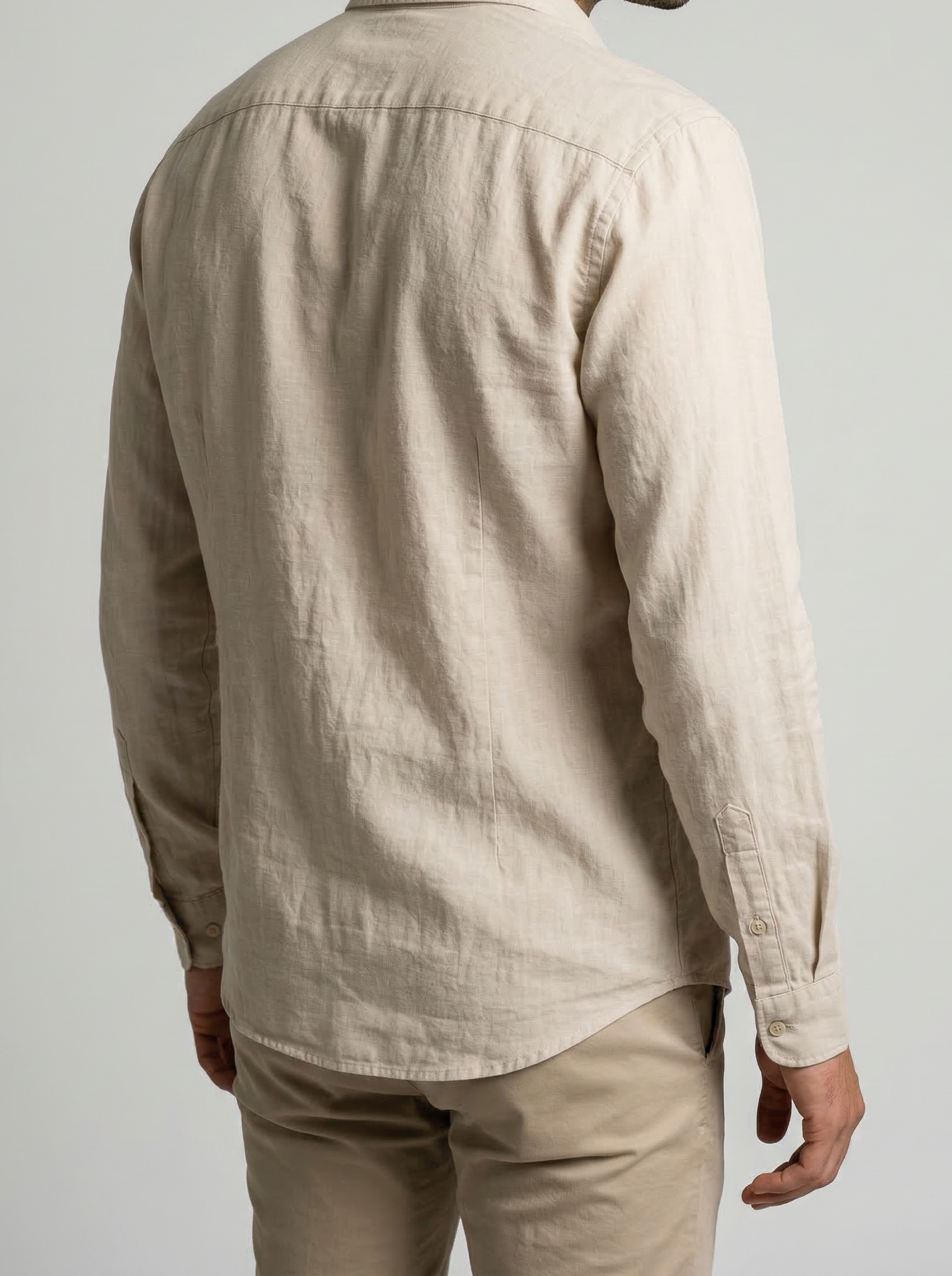 Men's Casual Linen Cotton Long Sleeve Shirt with Curved Hem