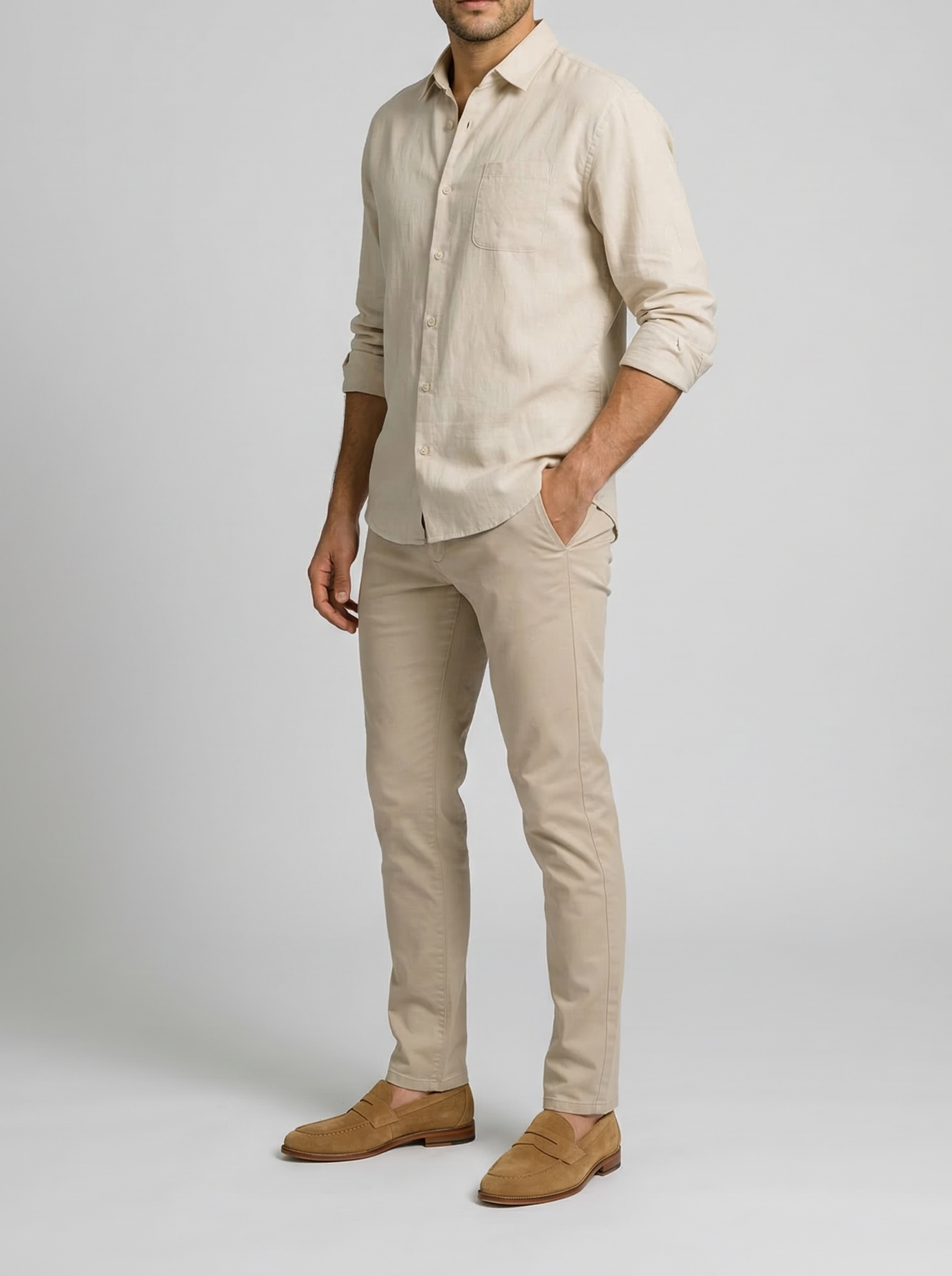 Men's Casual Linen Cotton Long Sleeve Shirt with Curved Hem