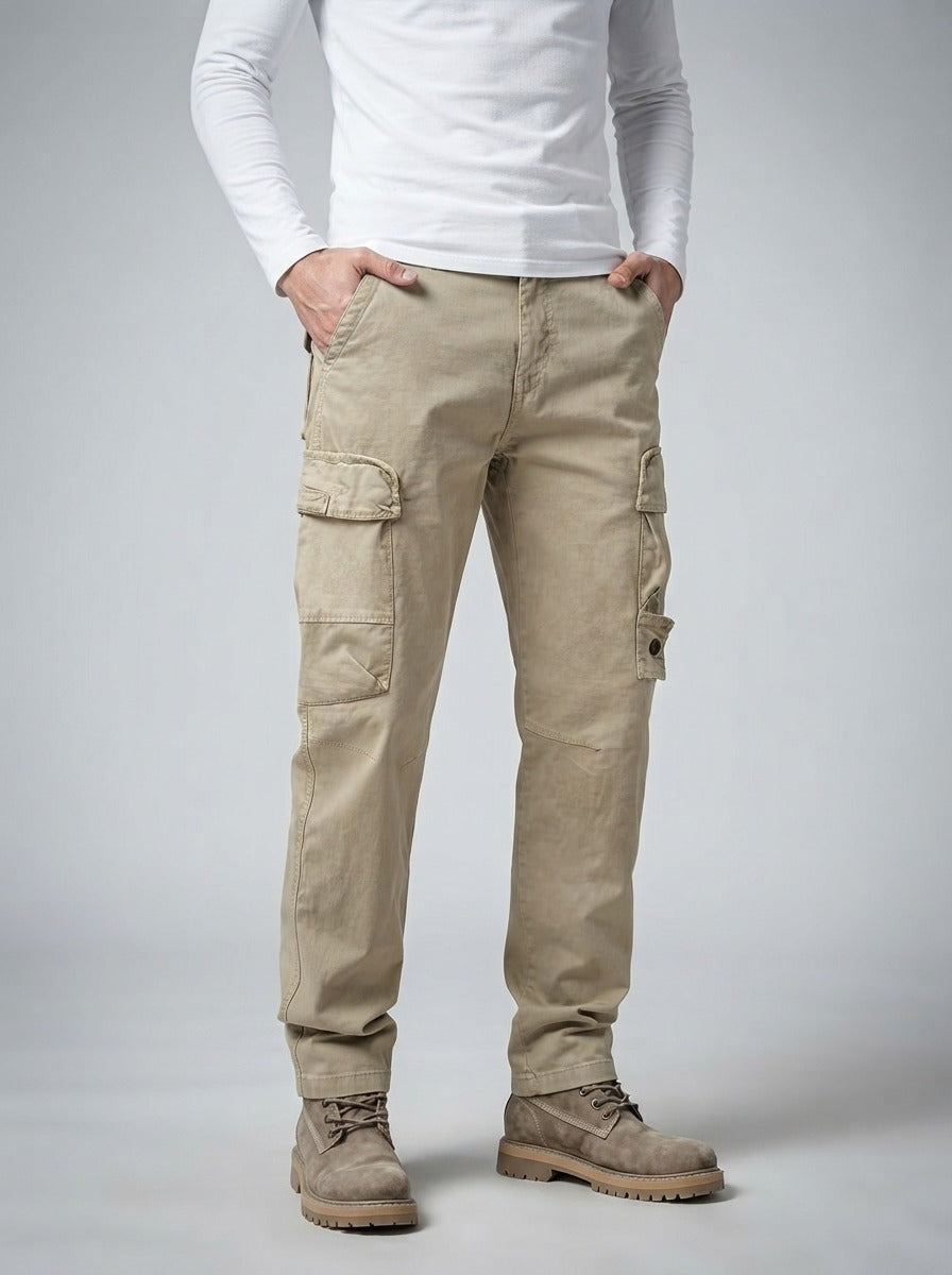 Men's Casual Loose Fit Cargo Trousers with Snap Button Pockets