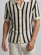 Men's Casual Open Knit Short Sleeve Shirt with Camp Collar
