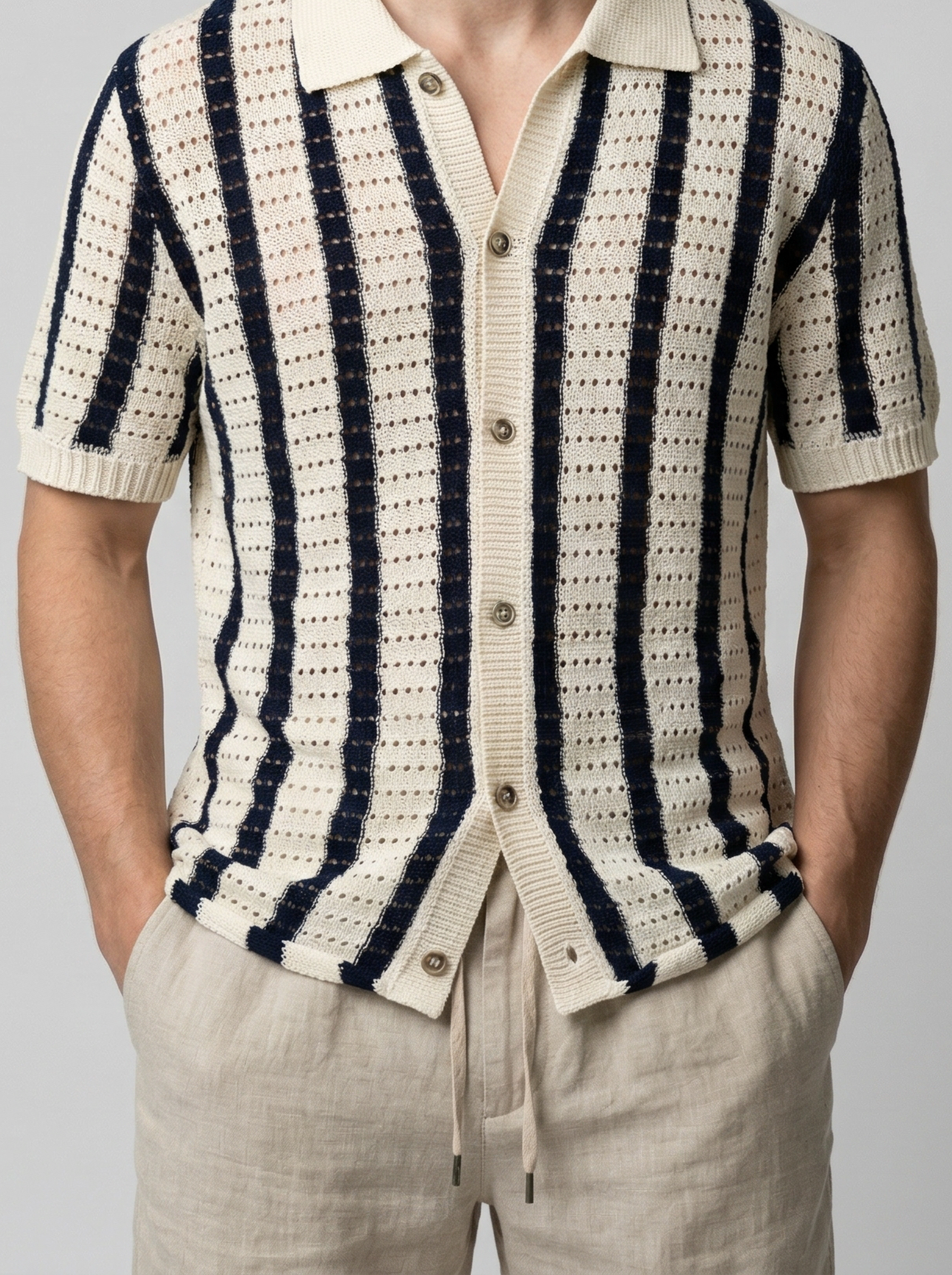 Men's Casual Open Knit Short Sleeve Shirt with Camp Collar