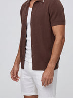 Men's Casual Open Mesh Knit Short Sleeve Shirt with Camp Collar