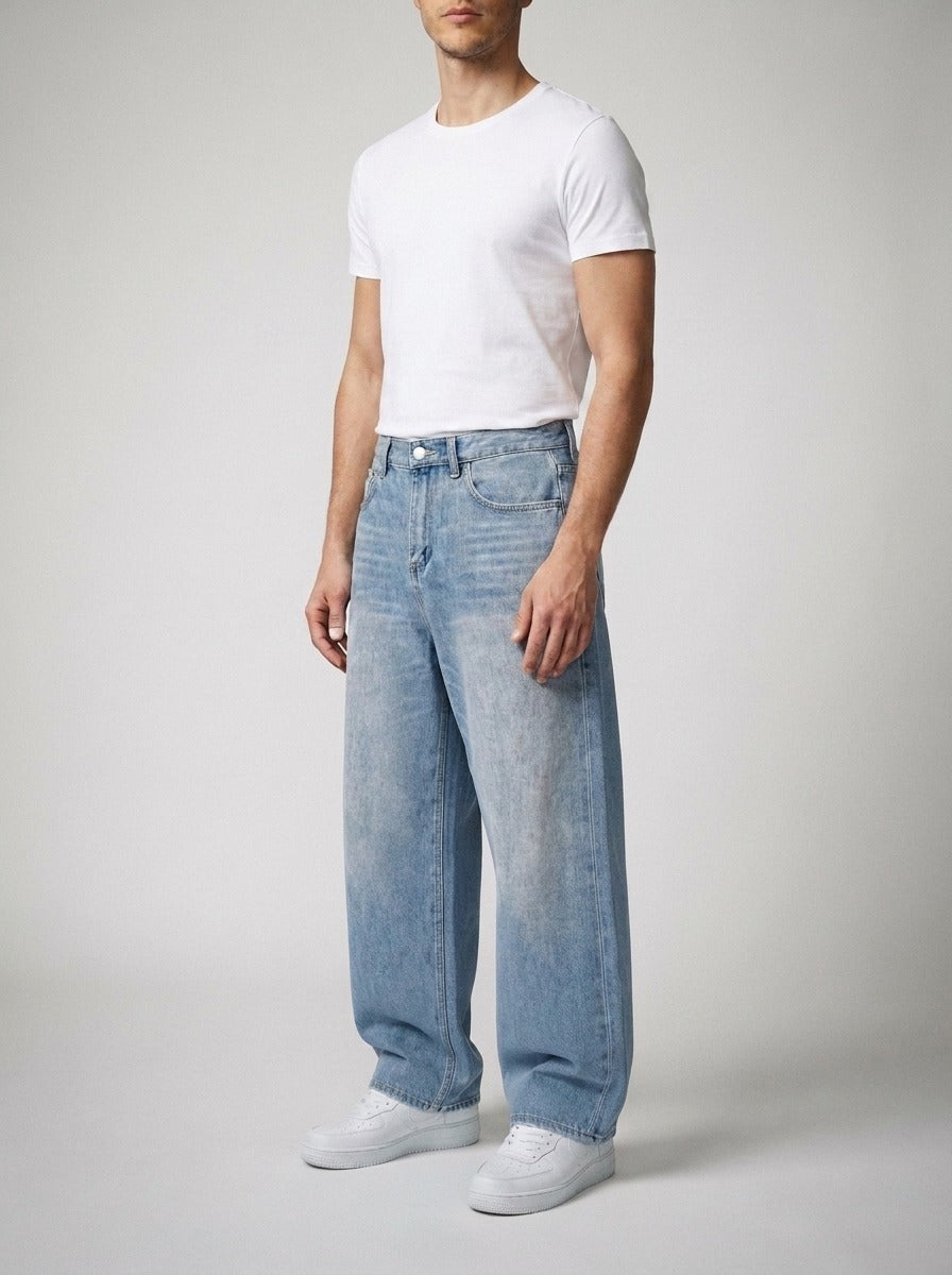 Men's Casual Oversized Wide Leg Denim Jeans with Coin Pocket Detail