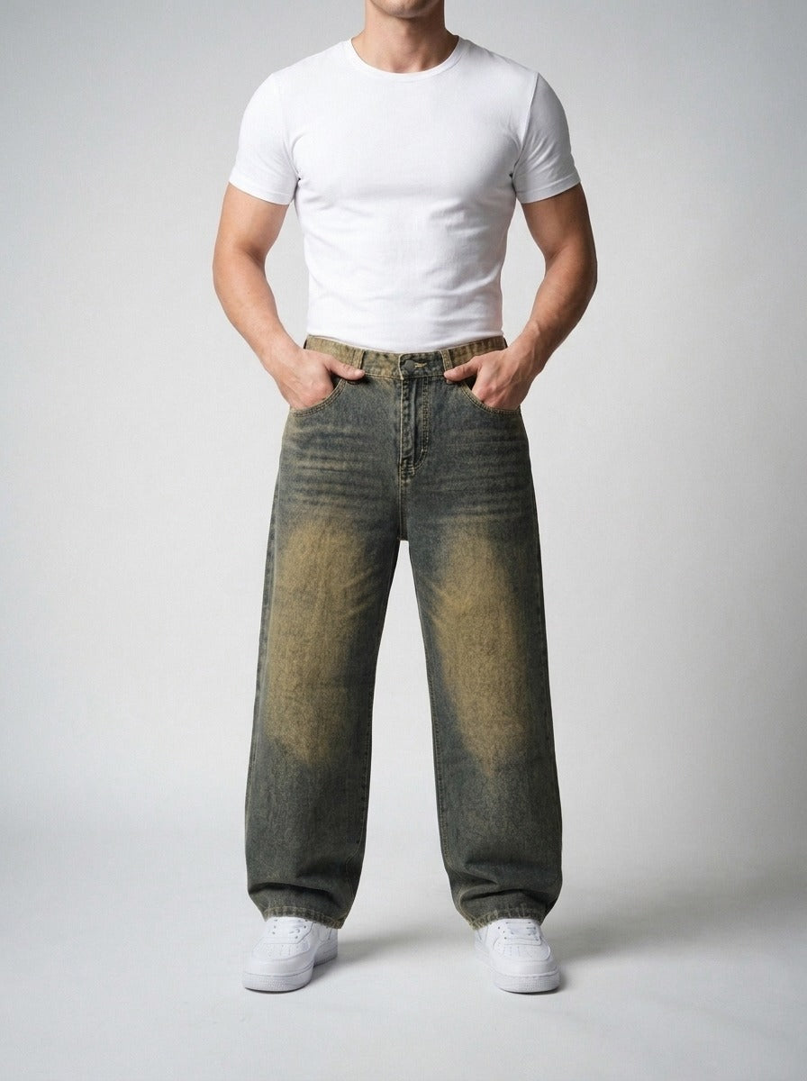 Men's Casual Oversized Wide Leg Denim Jeans with Coin Pocket Detail