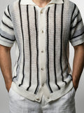 Men's Casual Short Sleeve Open Crochet Knit Shirt with Camp Collar