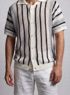 Men's Casual Short Sleeve Open Crochet Knit Shirt with Camp Collar