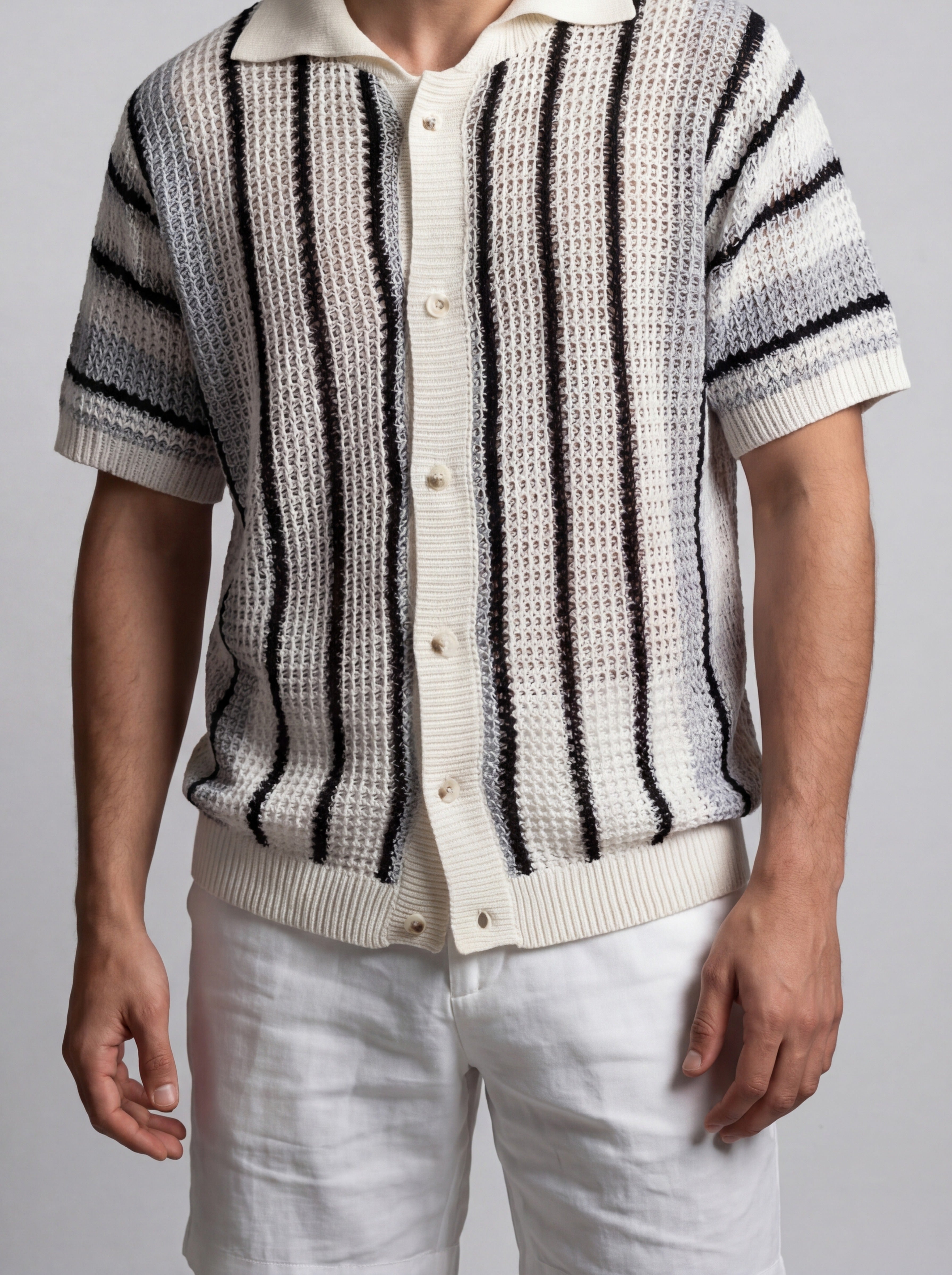 Men's Casual Short Sleeve Open Crochet Knit Shirt with Camp Collar