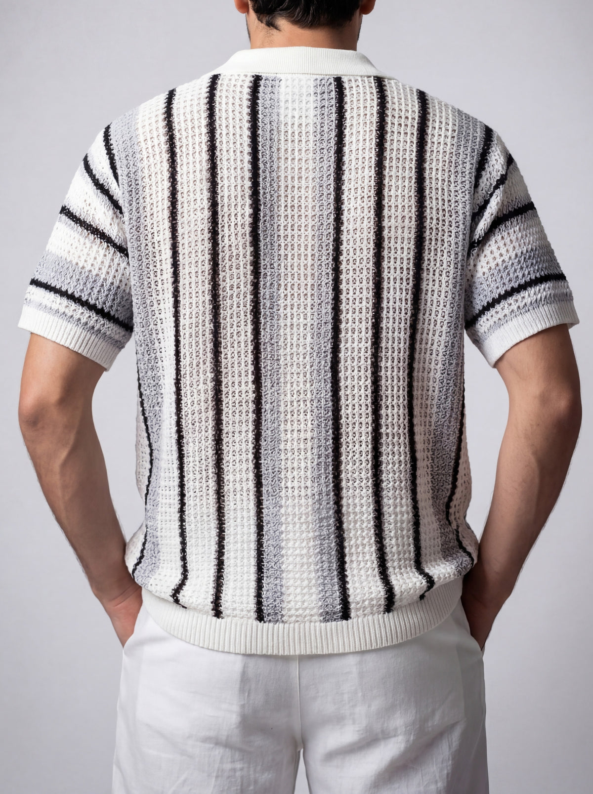 Men's Casual Short Sleeve Open Crochet Knit Shirt with Camp Collar