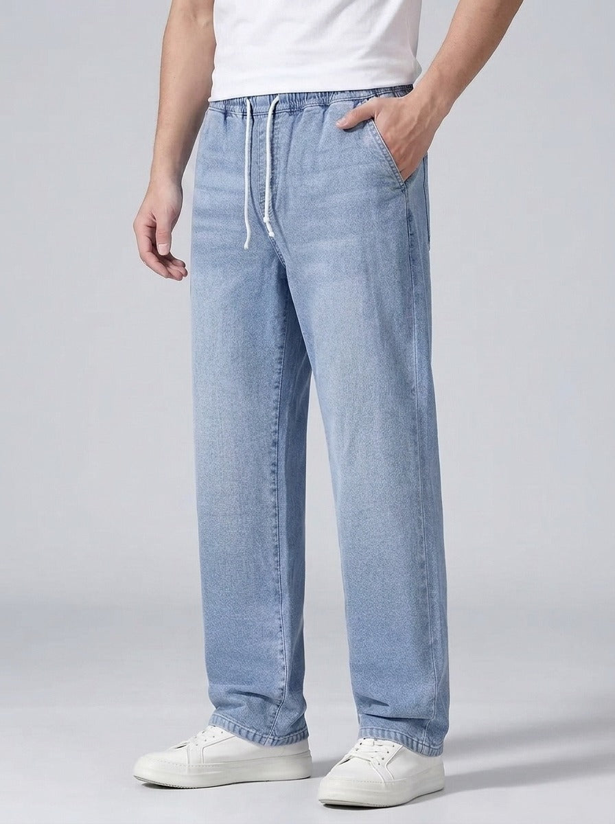 Men's Casual Straight Leg Denim Jeans with Elasticated Drawstring Waist