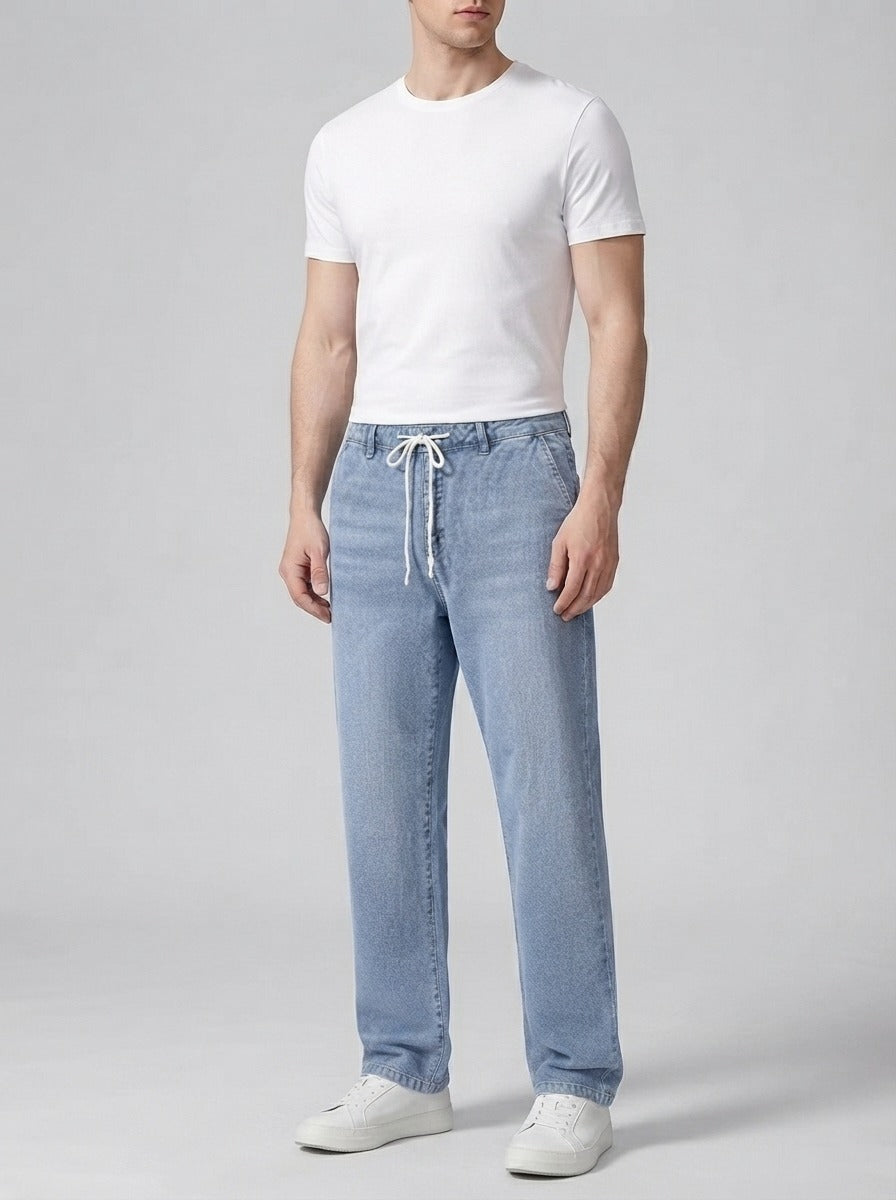 Men's Casual Straight Leg Denim Jeans with Elasticated Drawstring Waist