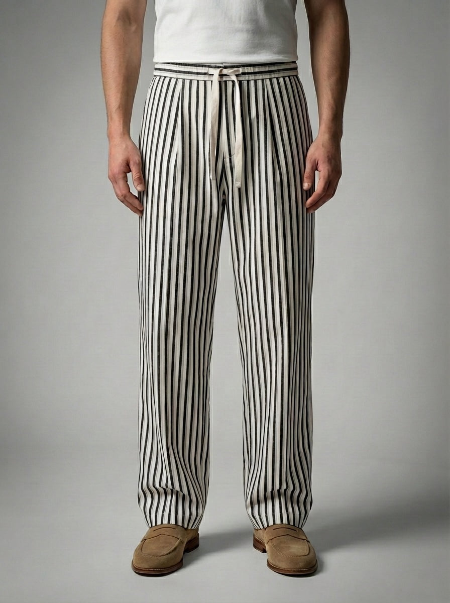 Men's Casual Striped Drawstring Wide Leg Trousers