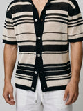 Men's Casual Striped Mesh Knit Short Sleeve Shirt with Camp Collar