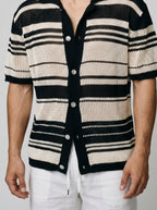 Men's Casual Striped Mesh Knit Short Sleeve Shirt with Camp Collar