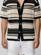 Men's Casual Striped Mesh Knit Short Sleeve Shirt with Camp Collar