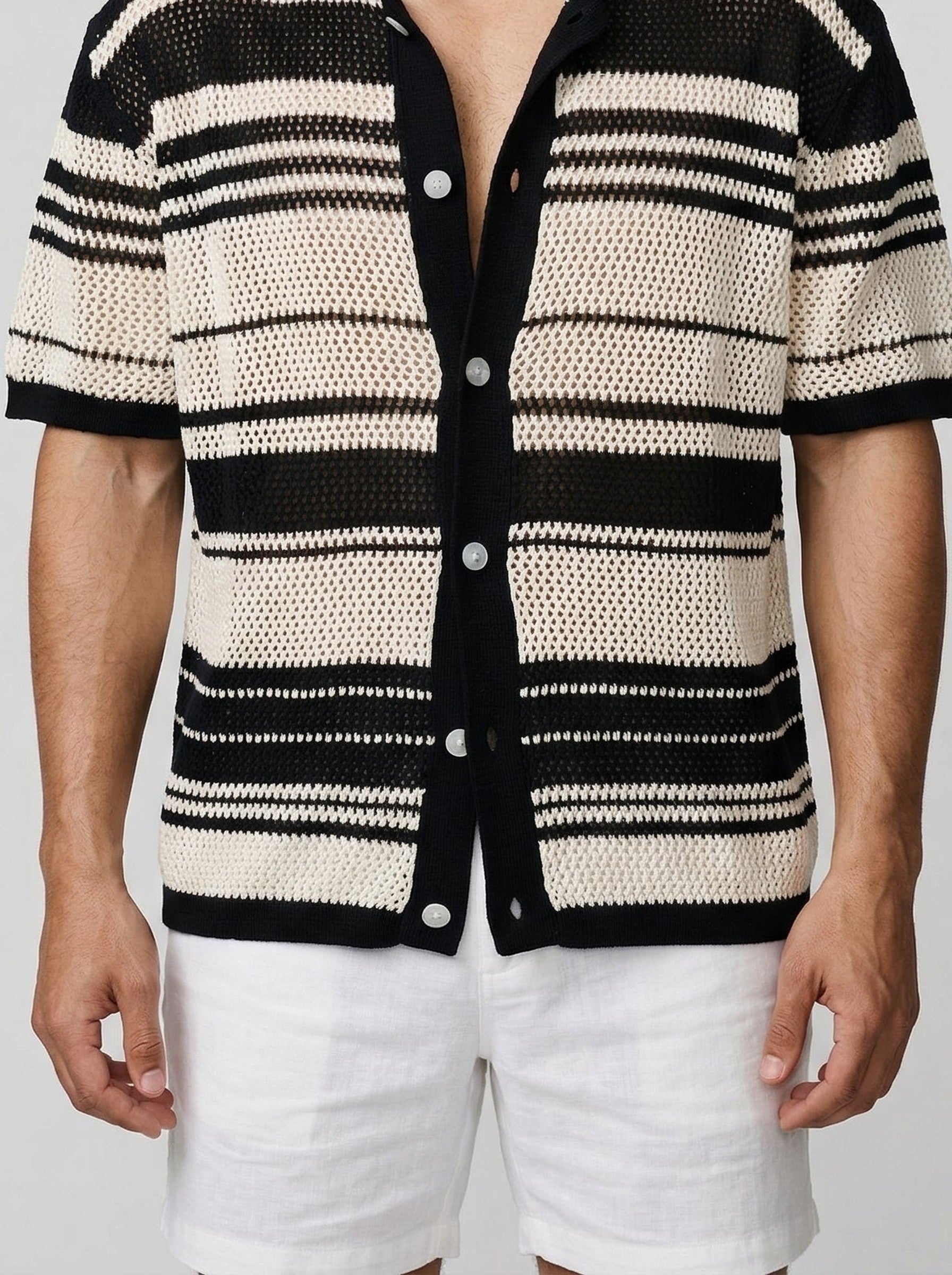Men's Casual Striped Mesh Knit Short Sleeve Shirt with Camp Collar