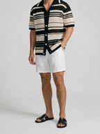 Men's Casual Striped Mesh Knit Short Sleeve Shirt with Camp Collar