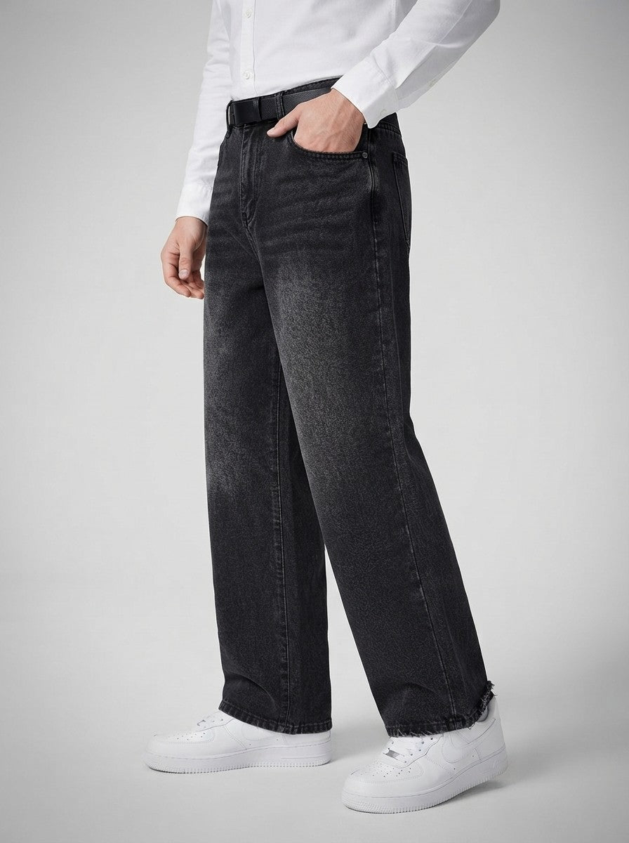 Men's Casual Wide Leg Denim Jeans with Belt Loop Waistband