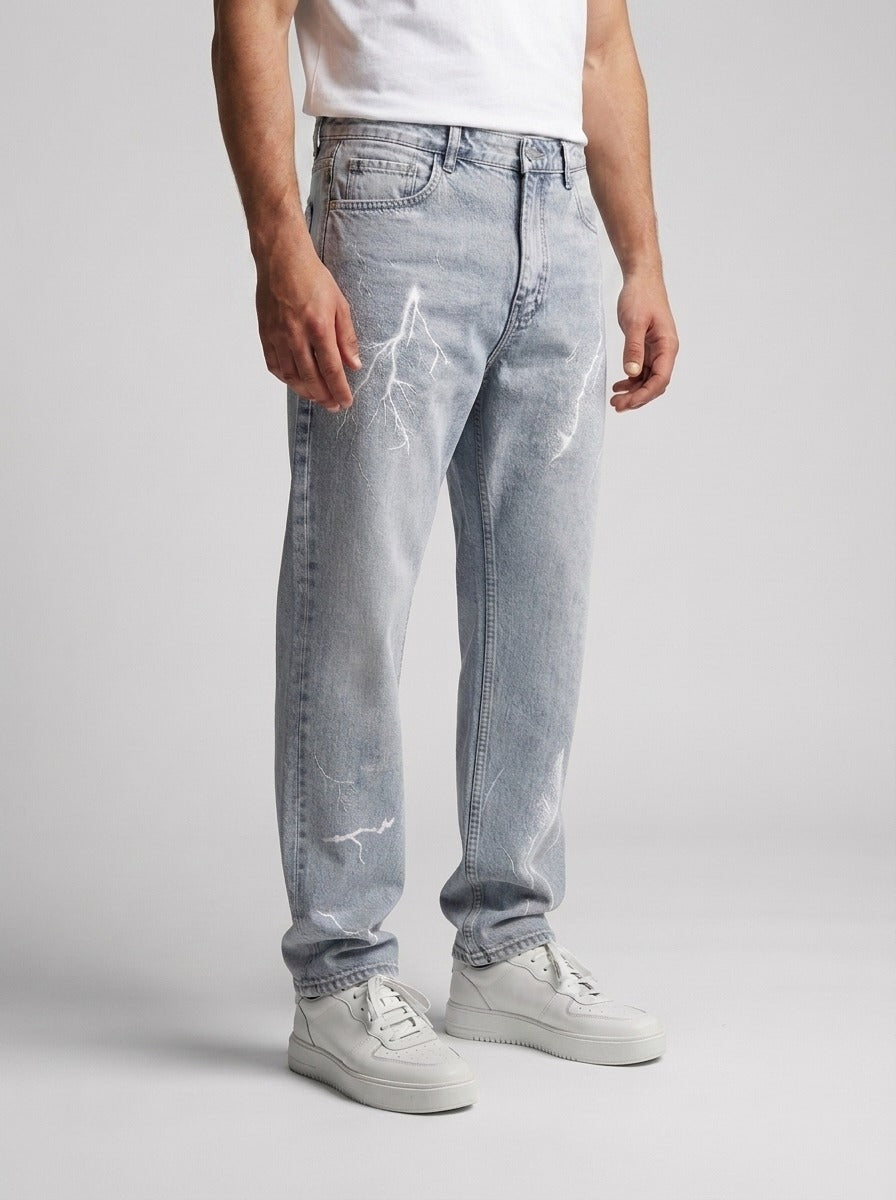 Men's Casual Wide Leg Denim Jeans with Bleached Lightning Print
