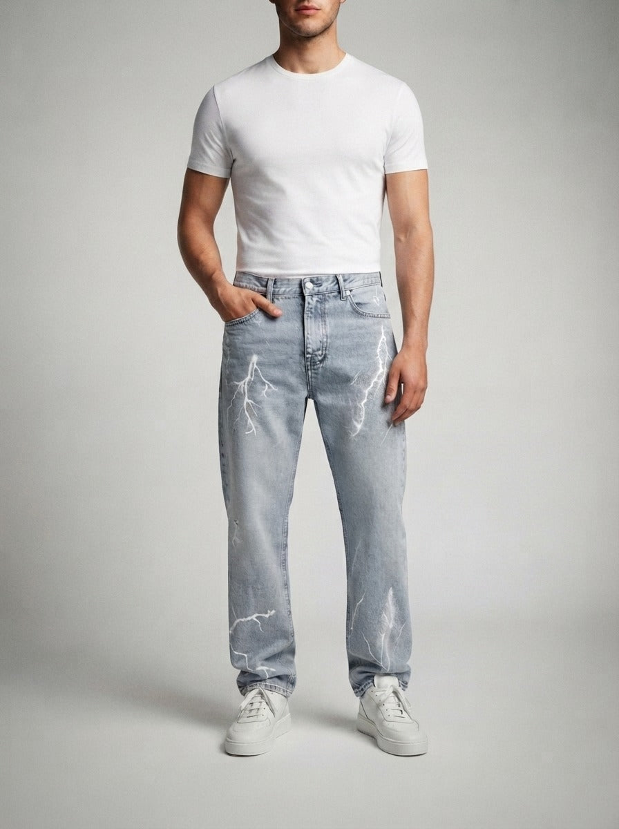 Men's Casual Wide Leg Denim Jeans with Bleached Lightning Print