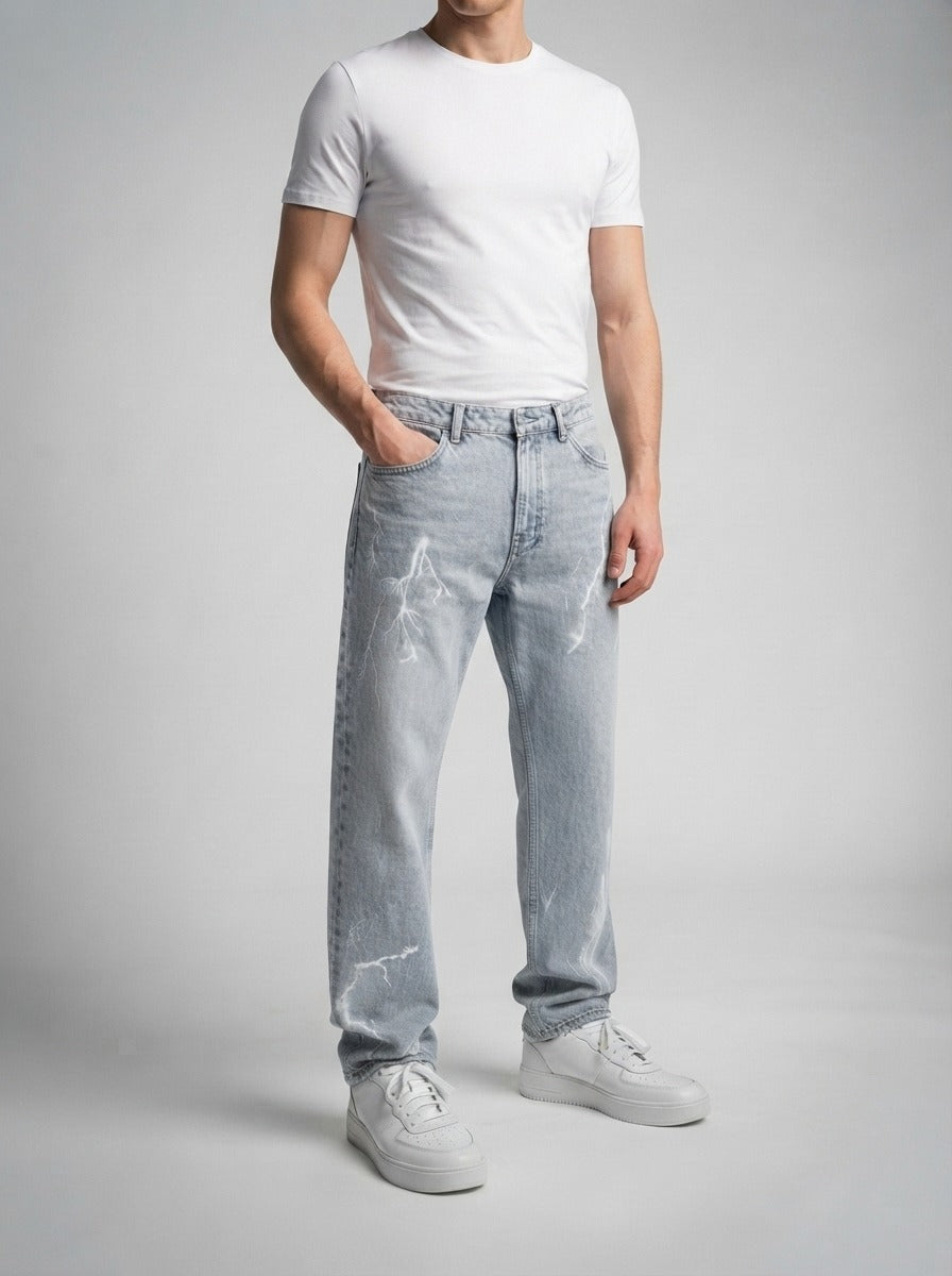 Men's Casual Wide Leg Denim Jeans with Bleached Lightning Print