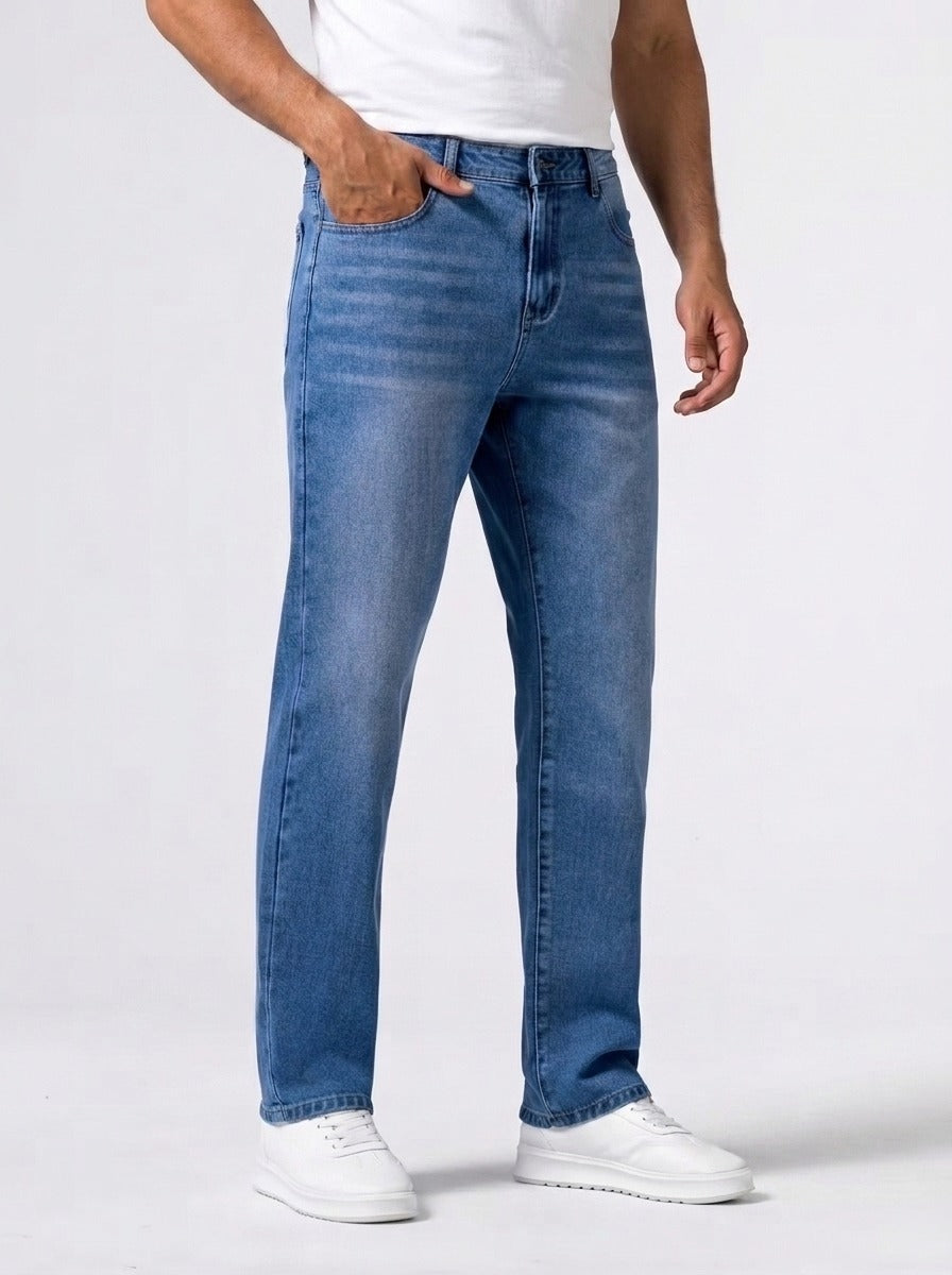 Men's Casual Wide Leg Denim Jeans with Button Closure
