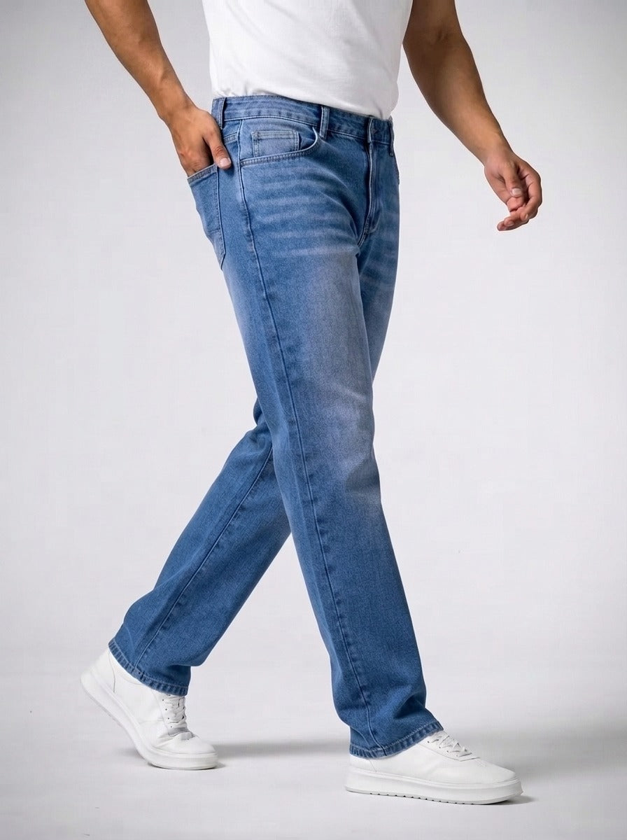 Men's Casual Wide Leg Denim Jeans with Button Closure