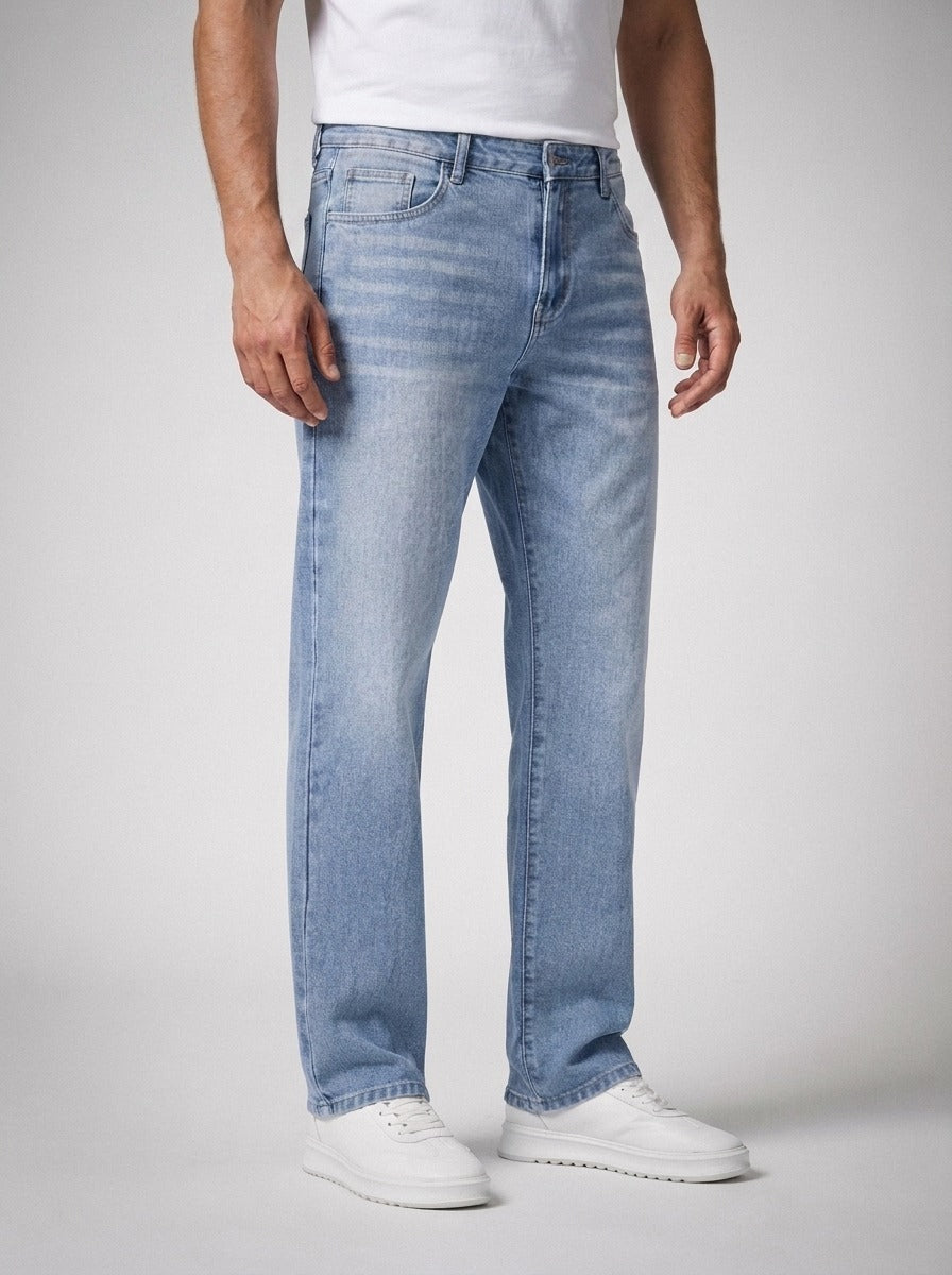 Men's Casual Wide Leg Denim Jeans with Button Closure