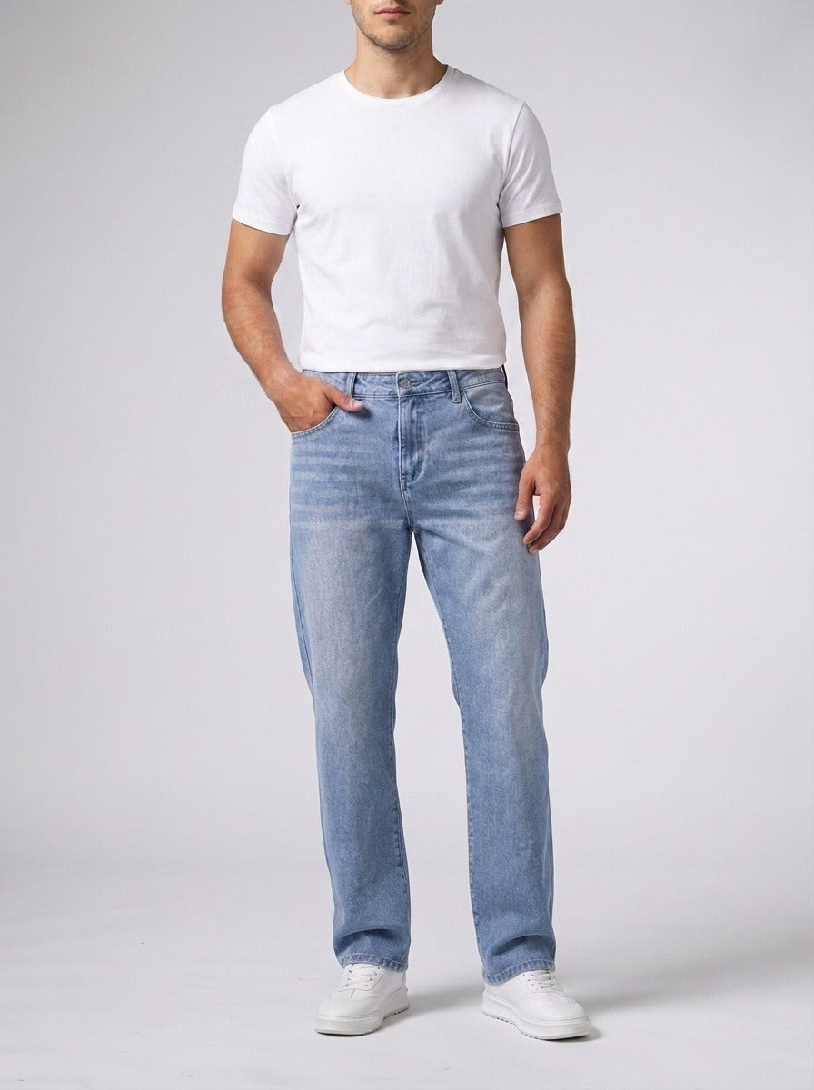 Men's Casual Wide Leg Denim Jeans with Button Closure