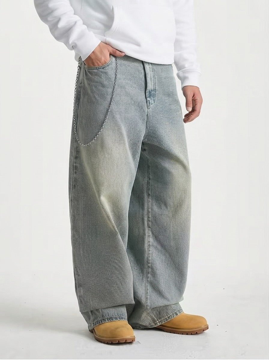 Men's Casual Wide Leg Denim Jeans with Chain Detail