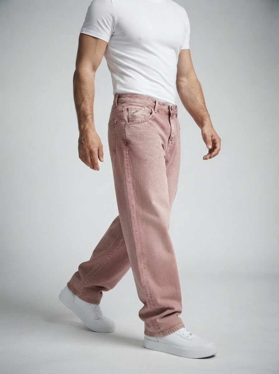 Men's Casual Wide Leg Denim Jeans with Contrast Waistband