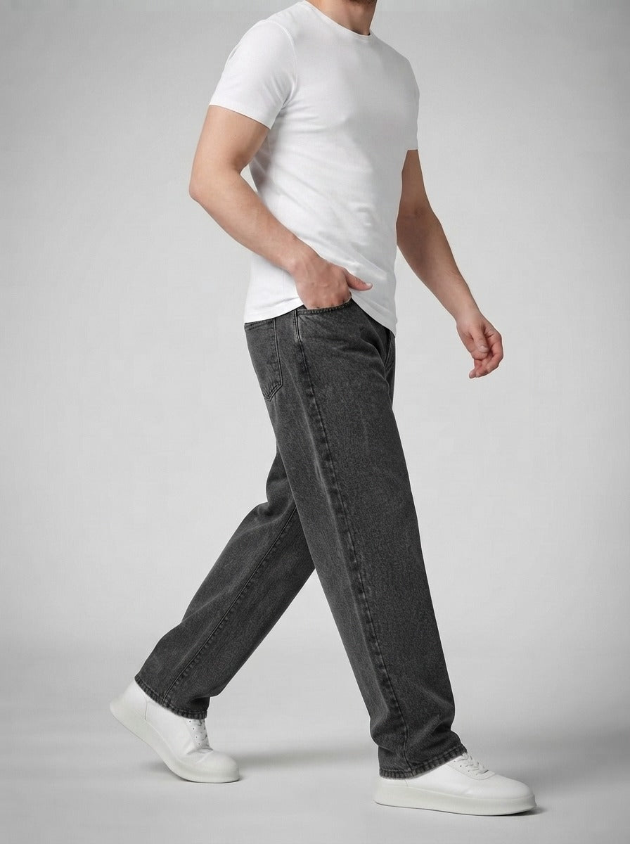 Men's Casual Wide Leg Denim Jeans with Elasticated Drawstring Waist