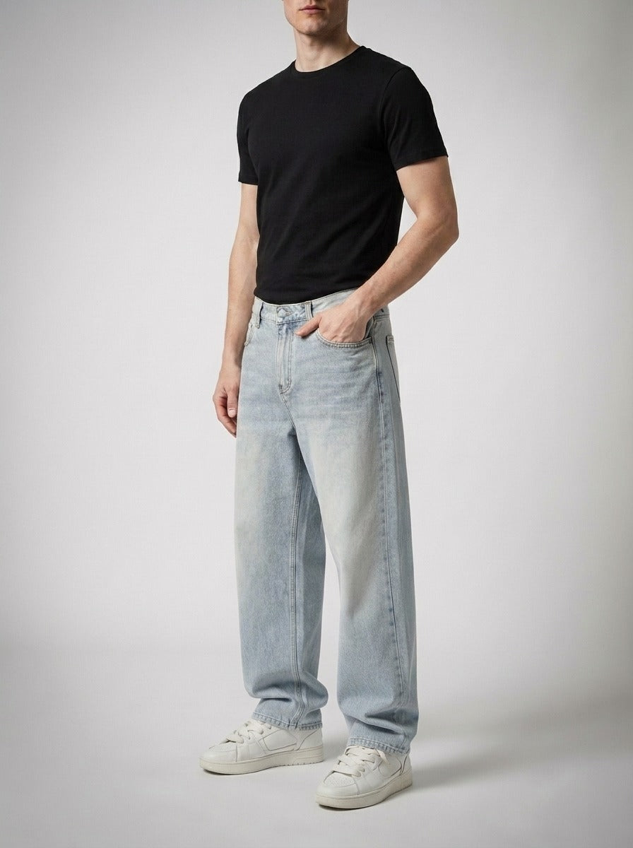 Men's Casual Wide Leg Denim Jeans with Five Pocket Design