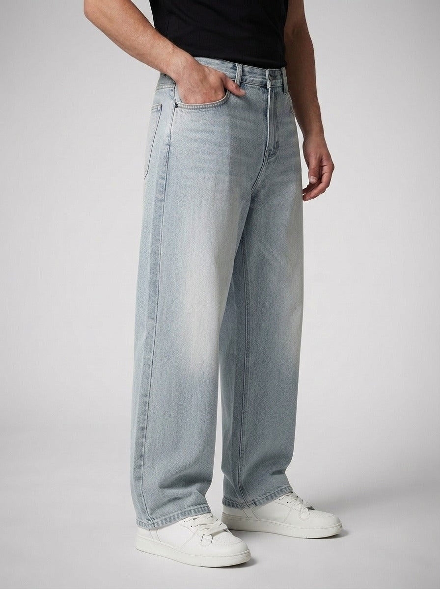 Men's Casual Wide Leg Denim Jeans with Five Pocket Design