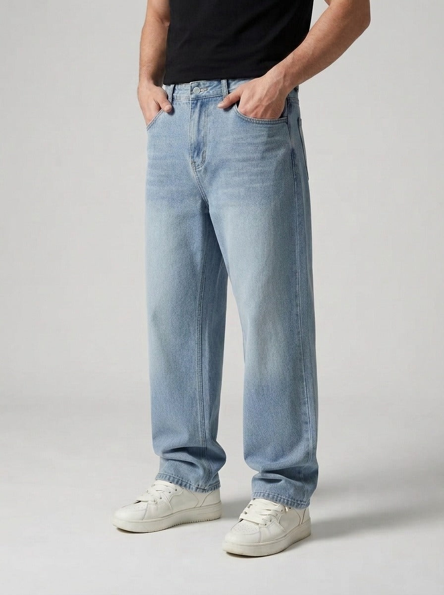 Men's Casual Wide Leg Denim Jeans with Five Pocket Design