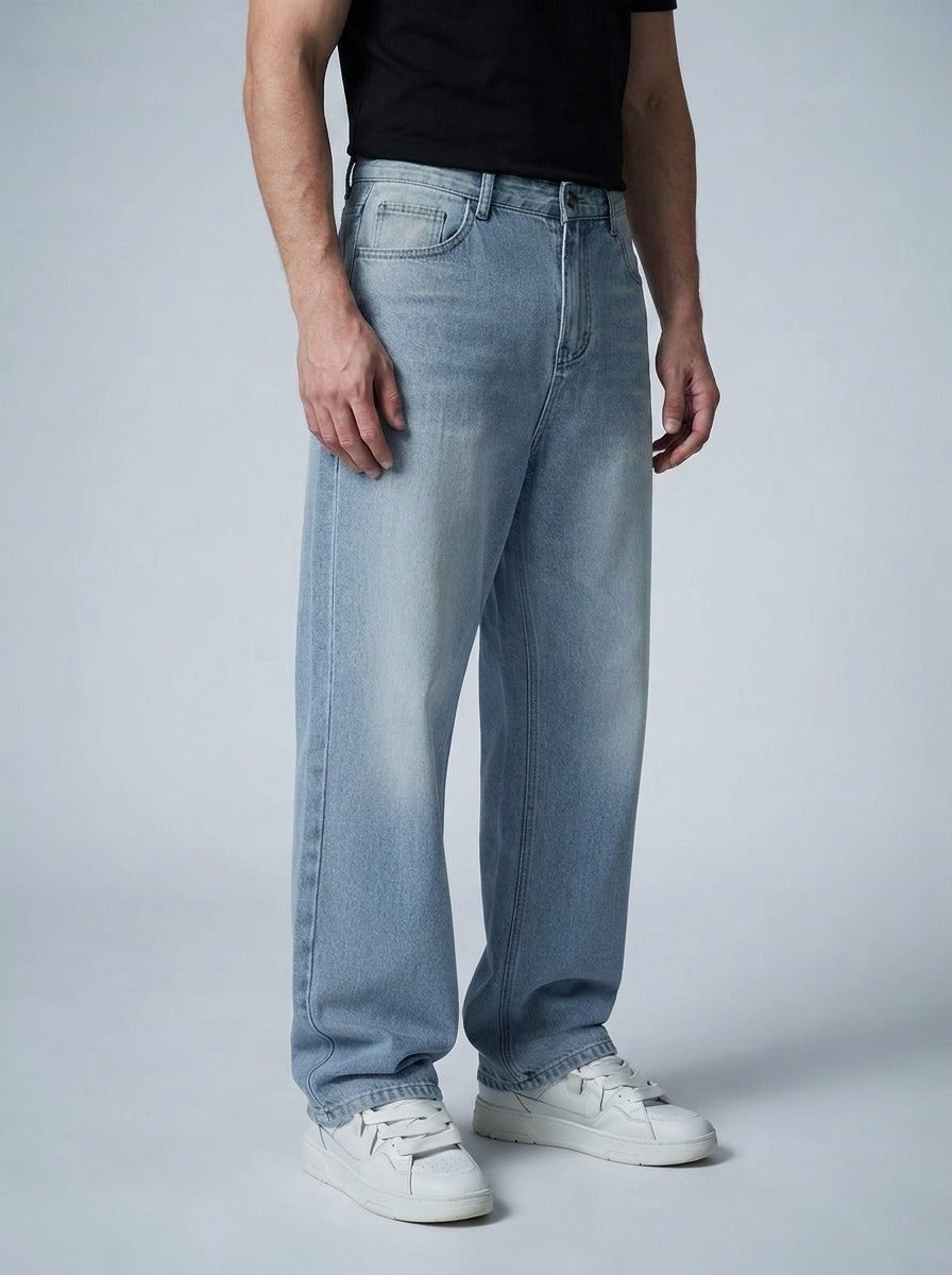 Men's Casual Wide Leg Denim Jeans with Five Pocket Design