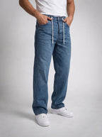 Men's Casual Wide Leg Denim Jeans with Side Stripe Detail