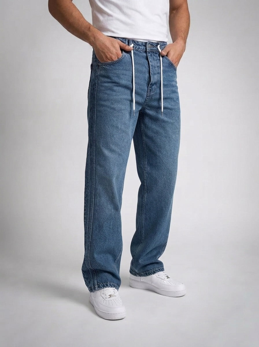 Men's Casual Wide Leg Denim Jeans with Side Stripe Detail