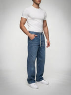 Men's Casual Wide Leg Denim Jeans with Side Stripe Detail