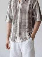 Men's Check Waffle Knit Oversized Short Sleeve Shirt with Camp Collar