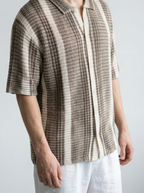 Men's Check Waffle Knit Oversized Short Sleeve Shirt with Camp Collar