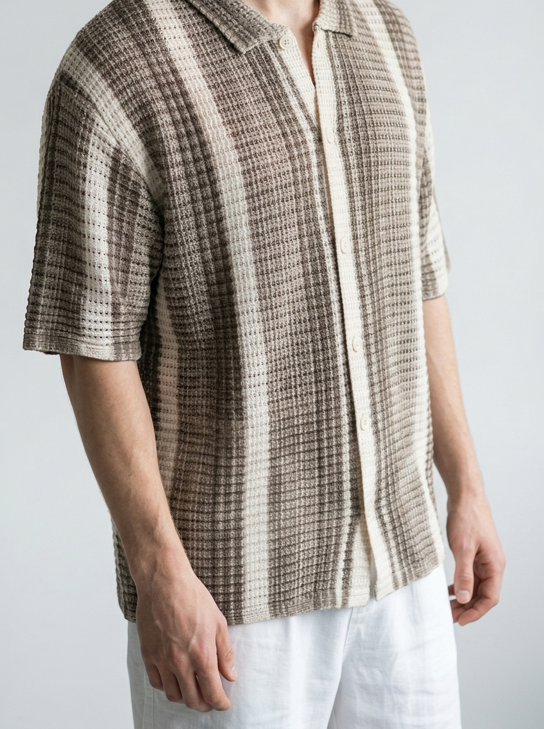 Men's Check Waffle Knit Oversized Short Sleeve Shirt with Camp Collar