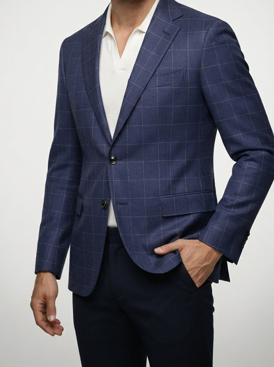 Men's Check Wool Blazer with Notch Lapels