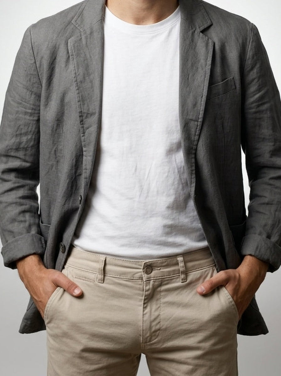 Men's Classic Linen Two Button Blazer with Notch Lapels