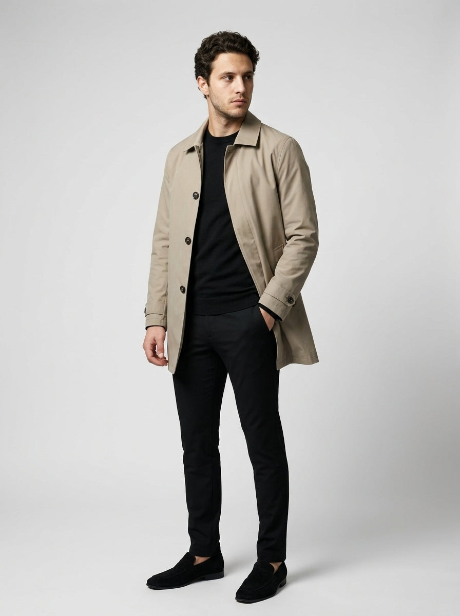 Men's Flat Collar Button Through Mid Length Trench Coat