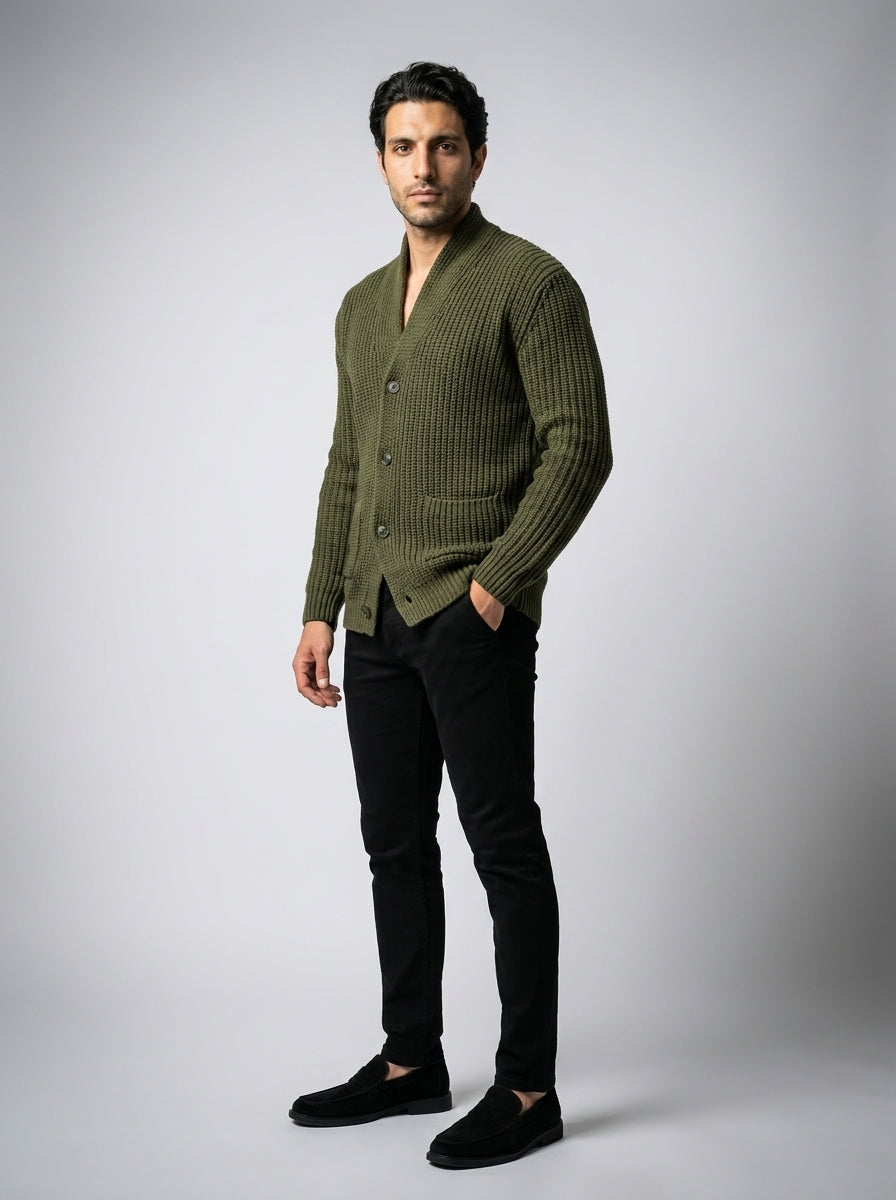 Men's Heavy Rib Knit Shawl Collar Cardigan