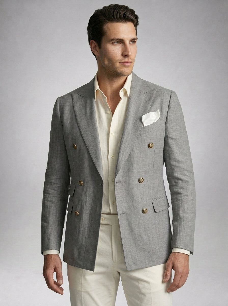 Men's Linen Peak Lapel Double Breasted Blazer