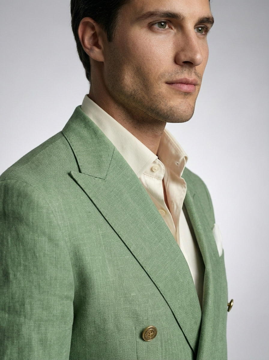 Men's Linen Peak Lapel Double Breasted Blazer